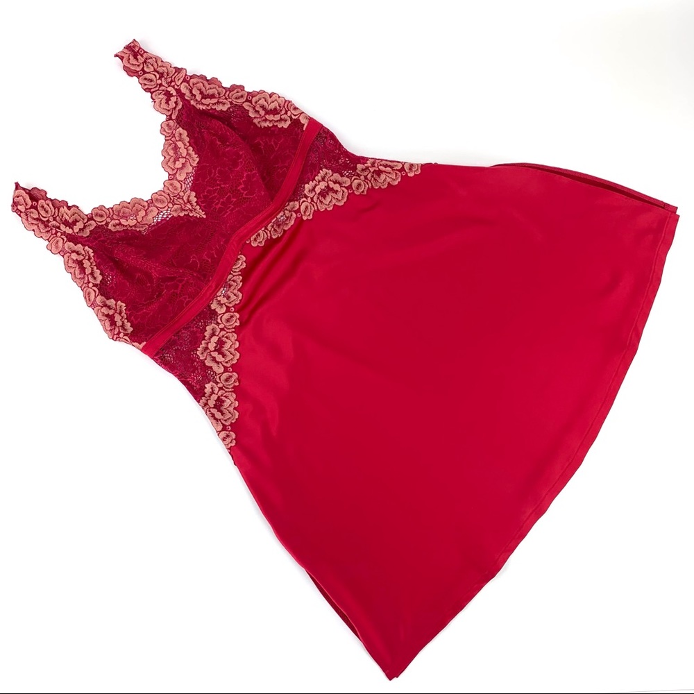 Tia Lyn Cherry Red Satin Lace Top Chemise with Adjustable Band, Large